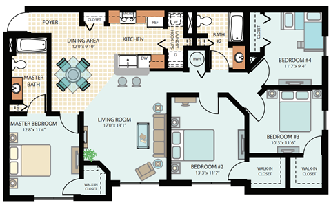 Floor plan for 4 beds, 2 baths, 1364 sqft